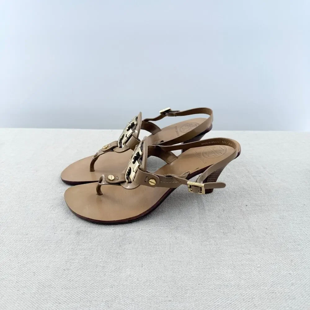 Tory Burch Leather Mid-Heel Thong Sandals with Metallic Logo Beige Women's US 6